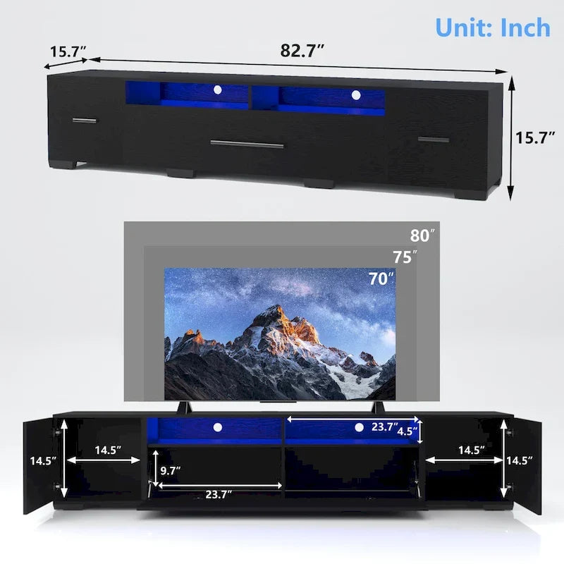 Schwarze TV-Konsole, 83, mit RGB-Beleuchtung und Stauraum für Fernseher bis zu 80