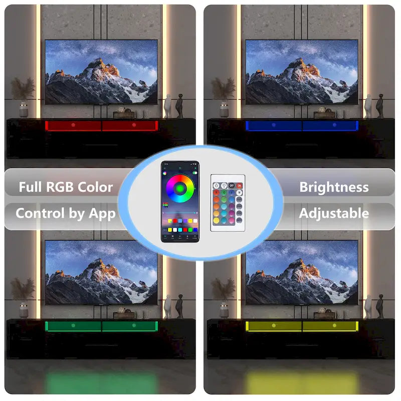 Schwarze TV-Konsole, 83, mit RGB-Beleuchtung und Stauraum für Fernseher bis zu 80
