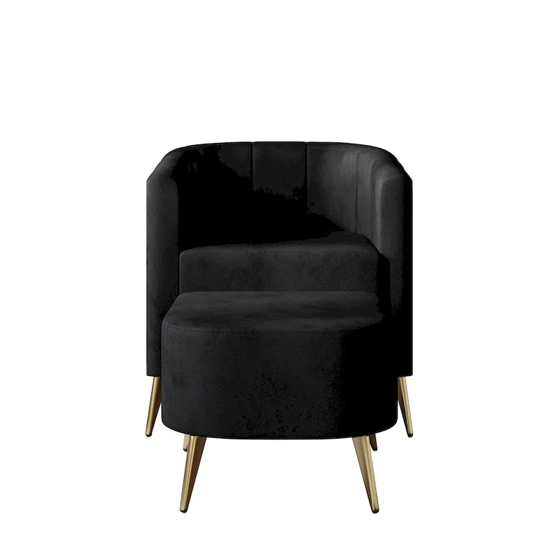 Sillón decorativo moderno tapizado en terciopelo suave con otomana