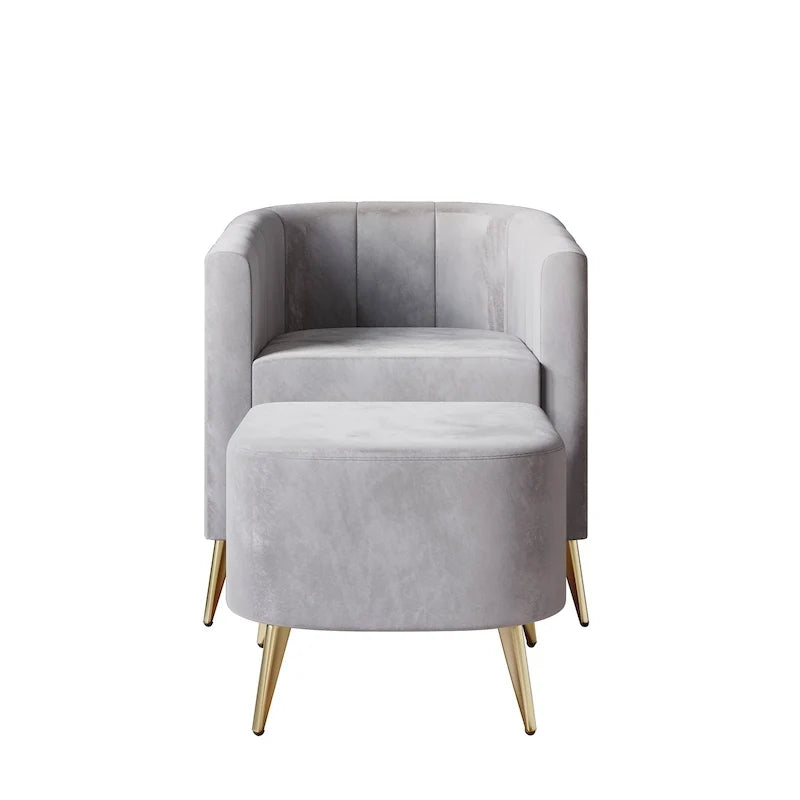Sillón decorativo moderno tapizado en terciopelo suave con otomana