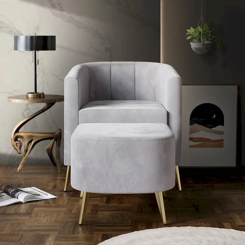 Fauteuil d’appoint moderne en velours doux avec pouf