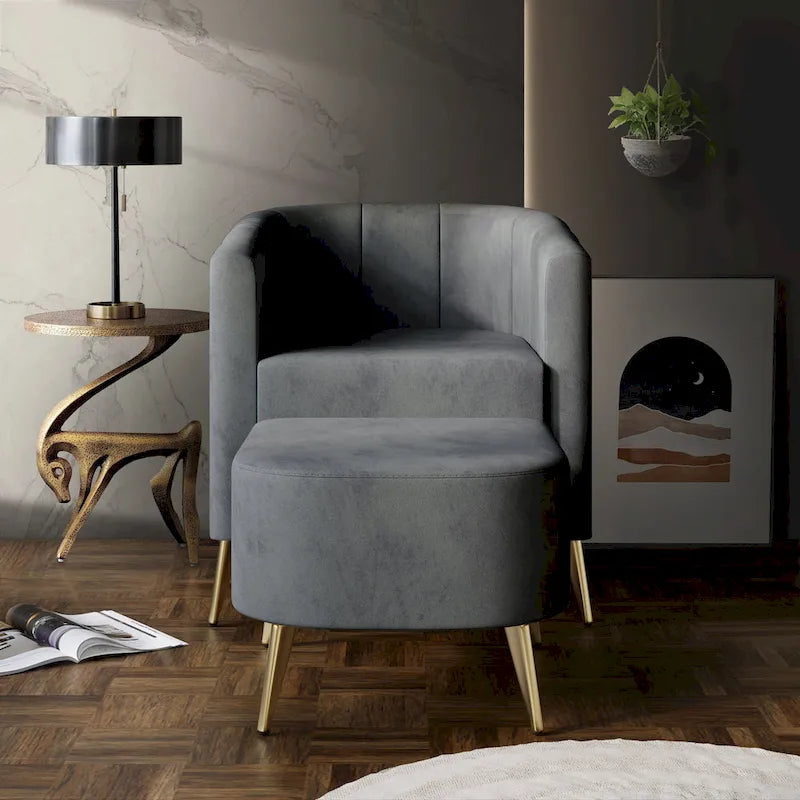 Fauteuil d’appoint moderne en velours doux avec pouf