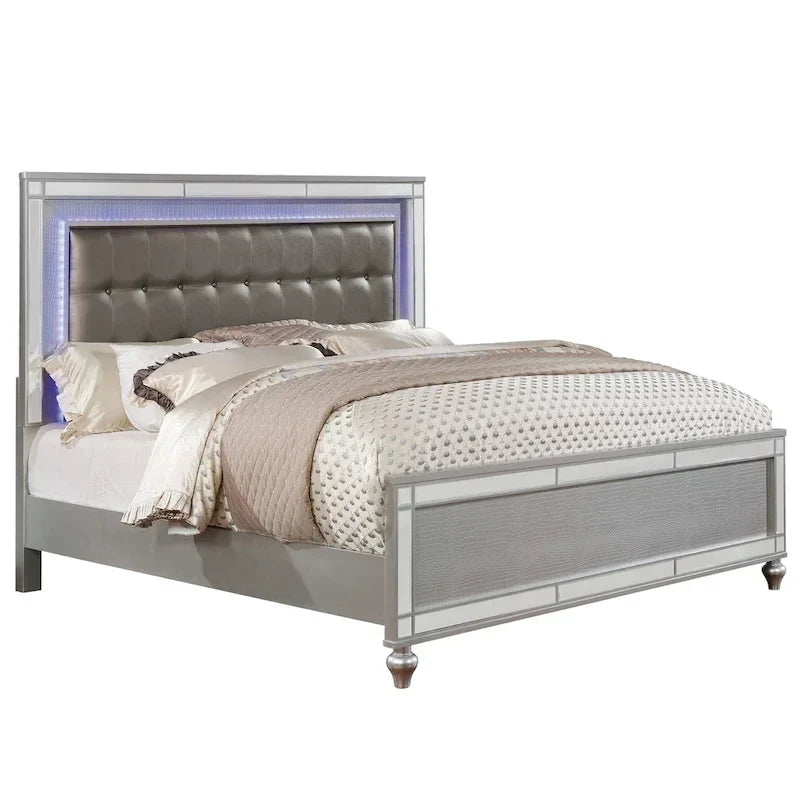 Cama moderna de madera maciza con panel tapizado capitoné y luces LED