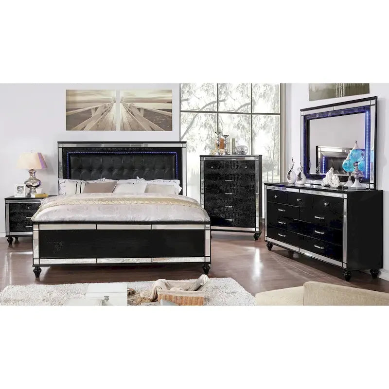 Cama moderna de madera maciza con panel tapizado capitoné y luces LED