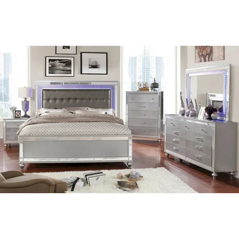Cama moderna de madera maciza con panel tapizado capitoné y luces LED