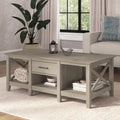 Table basse blanche de style ferme avec tiroir et rangement ouvert, table de salon avec cadre latéral en X