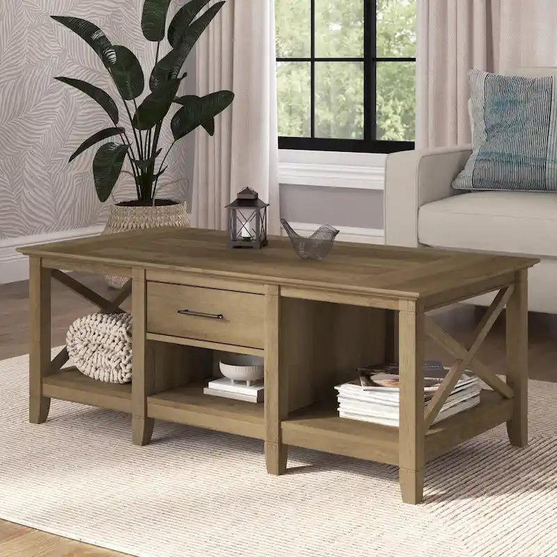 Mesa de centro blanca de estilo rústico con cajón y almacenamiento abierto, mesa para sala de estar con estructura lateral en forma de X