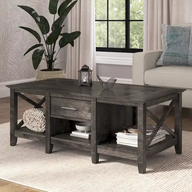 Mesa de centro blanca de estilo rústico con cajón y almacenamiento abierto, mesa para sala de estar con estructura lateral en forma de X