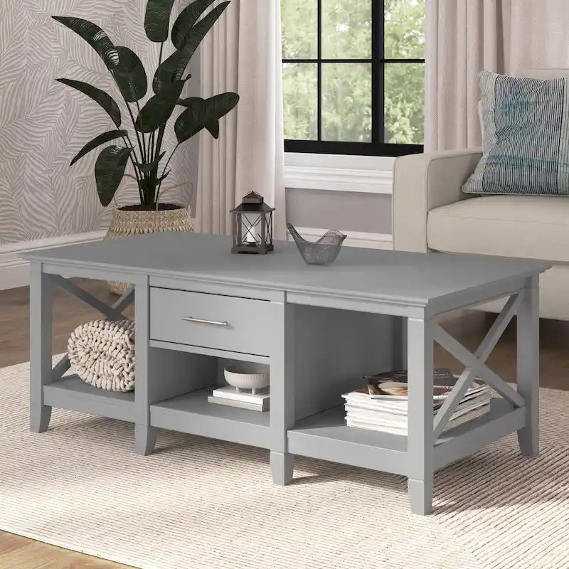 Mesa de centro blanca de estilo rústico con cajón y almacenamiento abierto, mesa para sala de estar con estructura lateral en forma de X
