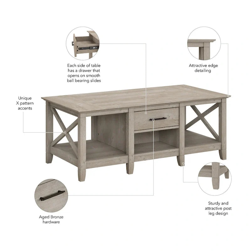 Mesa de centro blanca de estilo rústico con cajón y almacenamiento abierto, mesa para sala de estar con estructura lateral en forma de X