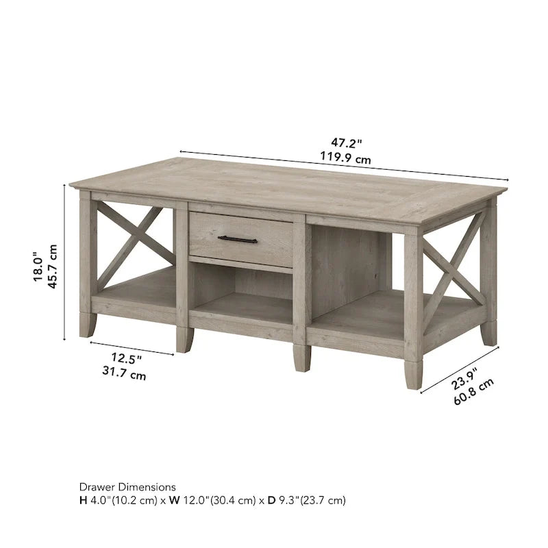 Table basse blanche de style ferme avec tiroir et rangement ouvert, table de salon avec cadre latéral en X
