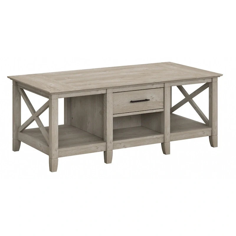 Table basse blanche de style ferme avec tiroir et rangement ouvert, table de salon avec cadre latéral en X