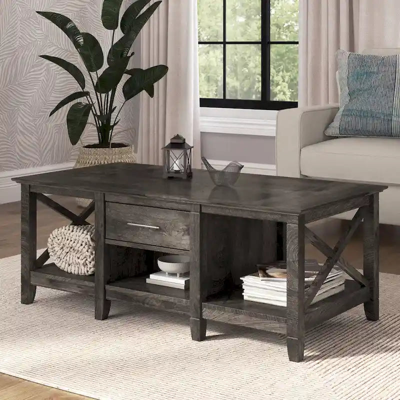 Table basse blanche de style ferme avec tiroir et rangement ouvert, table de salon avec cadre latéral en X