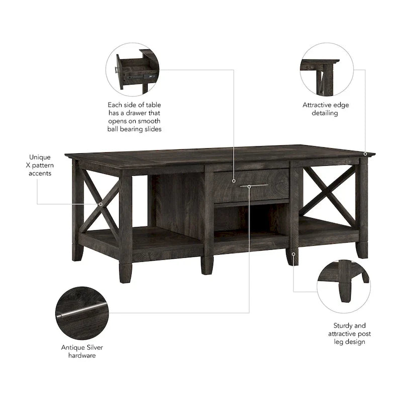 Table basse blanche de style ferme avec tiroir et rangement ouvert, table de salon avec cadre latéral en X