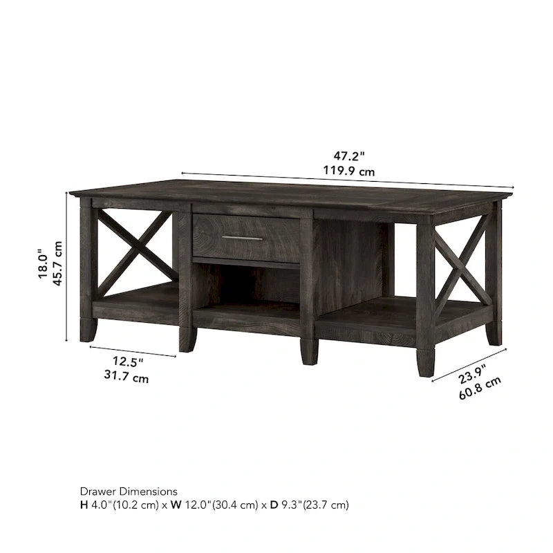 Table basse blanche de style ferme avec tiroir et rangement ouvert, table de salon avec cadre latéral en X