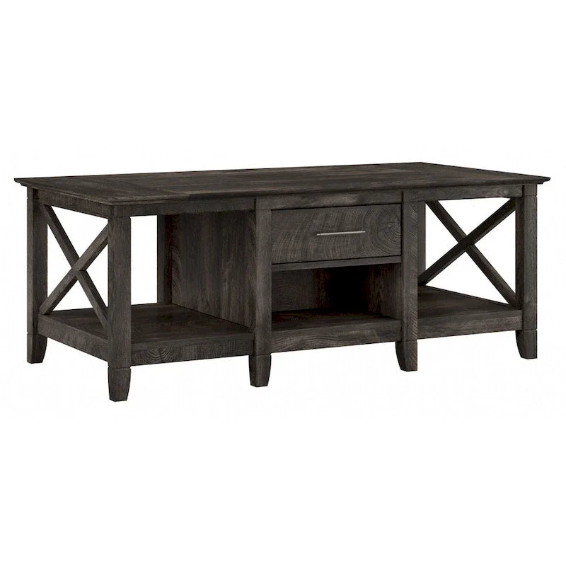 Table basse blanche de style ferme avec tiroir et rangement ouvert, table de salon avec cadre latéral en X