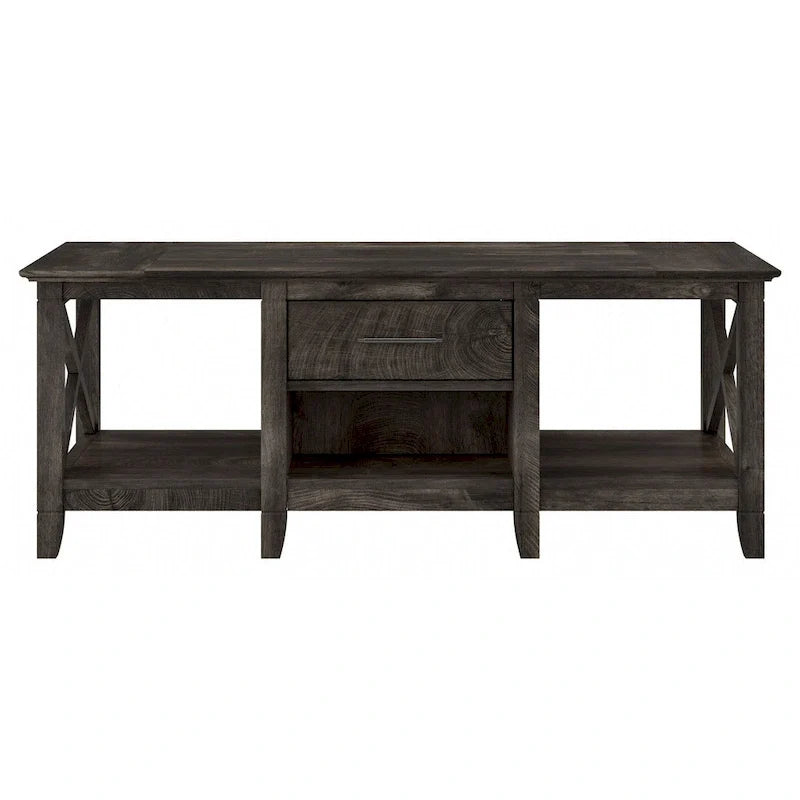 Table basse blanche de style ferme avec tiroir et rangement ouvert, table de salon avec cadre latéral en X