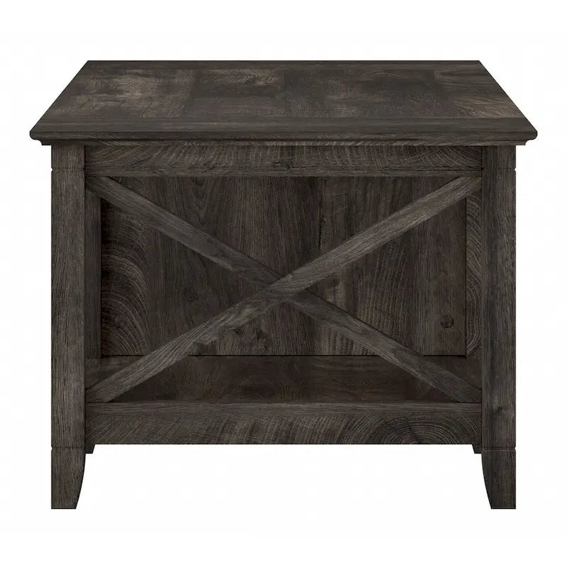 Table basse blanche de style ferme avec tiroir et rangement ouvert, table de salon avec cadre latéral en X