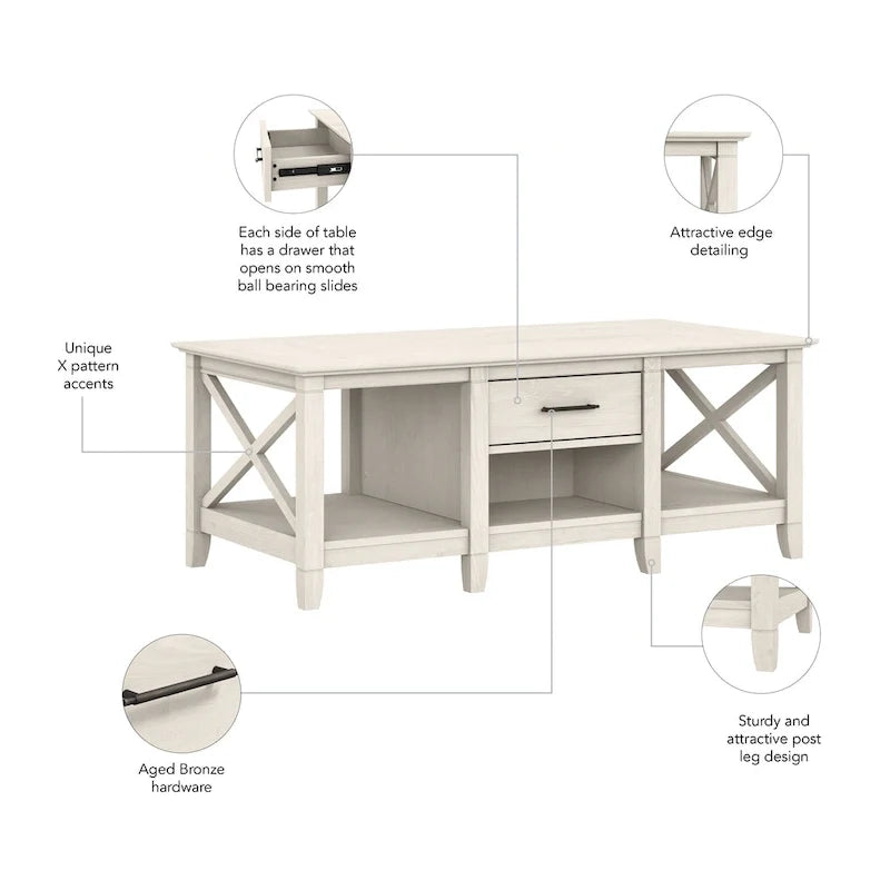 Table basse blanche de style ferme avec tiroir et rangement ouvert, table de salon avec cadre latéral en X