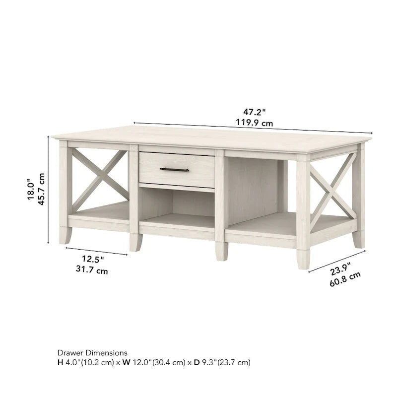Table basse blanche de style ferme avec tiroir et rangement ouvert, table de salon avec cadre latéral en X