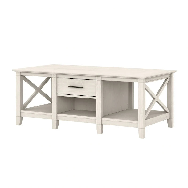 Table basse blanche de style ferme avec tiroir et rangement ouvert, table de salon avec cadre latéral en X