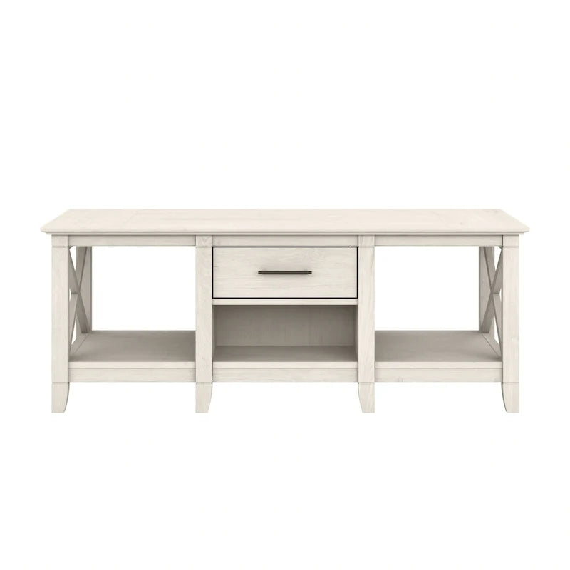 Table basse blanche de style ferme avec tiroir et rangement ouvert, table de salon avec cadre latéral en X