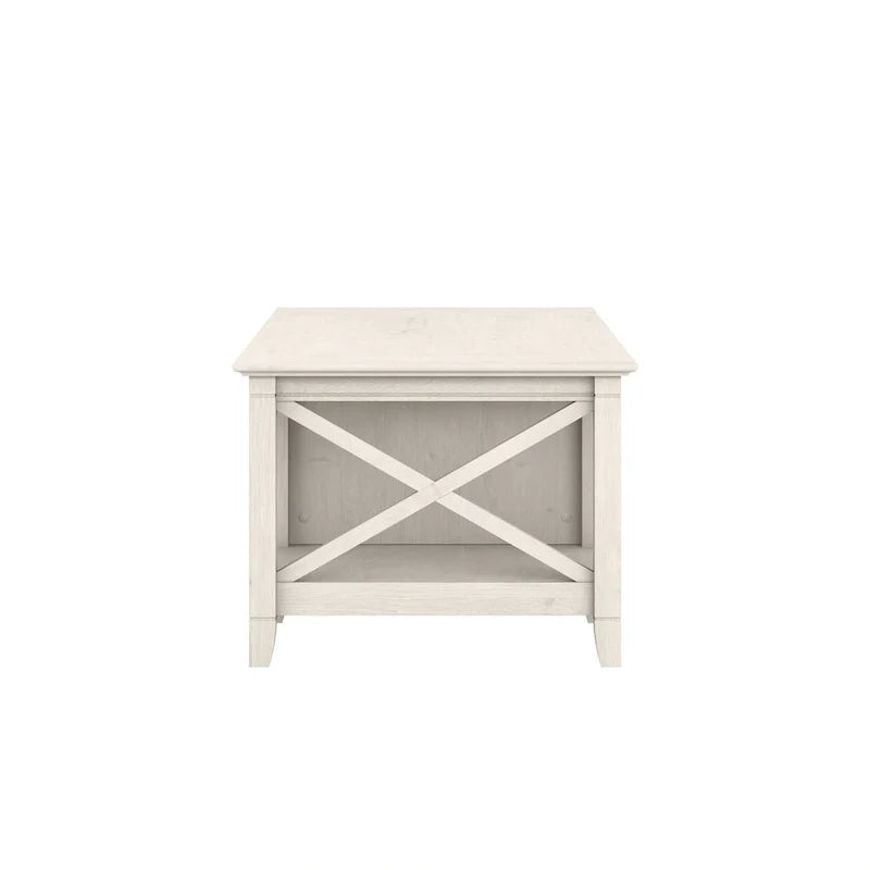 Table basse blanche de style ferme avec tiroir et rangement ouvert, table de salon avec cadre latéral en X