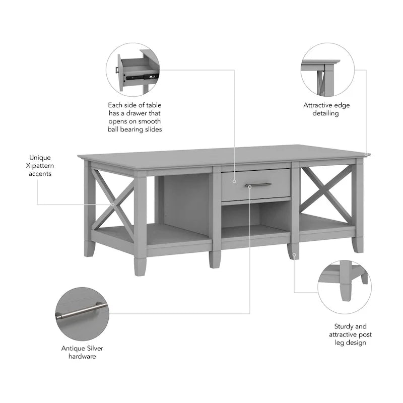 Table basse blanche de style ferme avec tiroir et rangement ouvert, table de salon avec cadre latéral en X