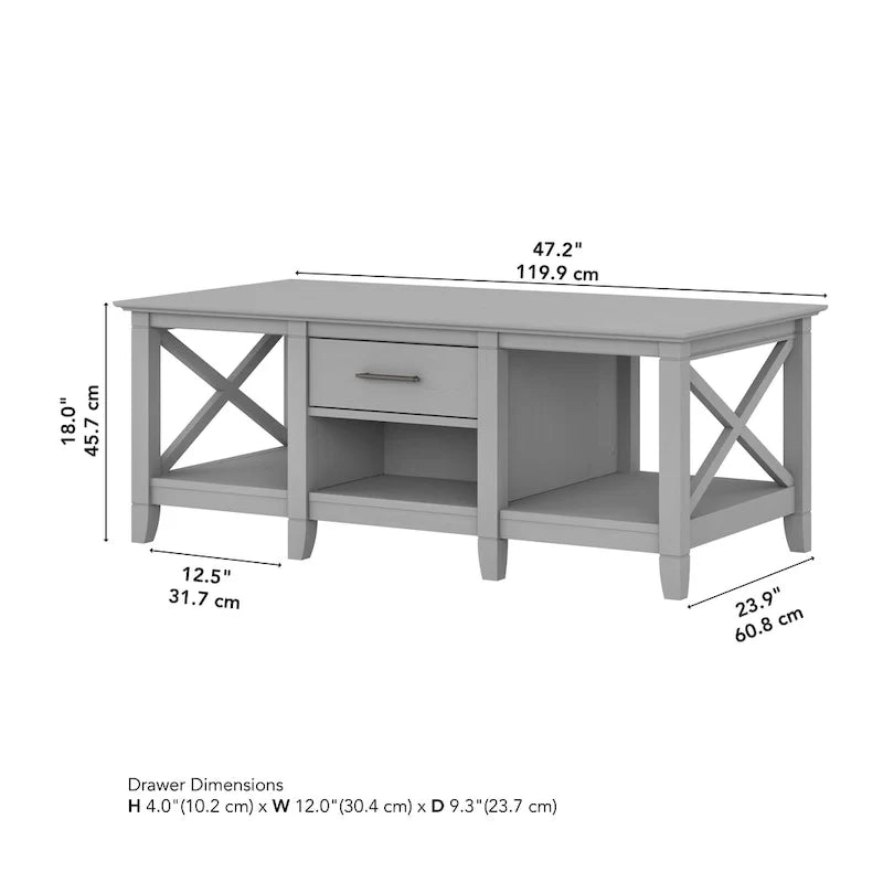 Table basse blanche de style ferme avec tiroir et rangement ouvert, table de salon avec cadre latéral en X