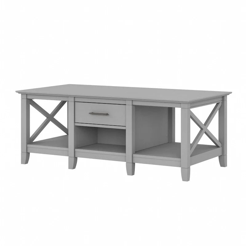 Table basse blanche de style ferme avec tiroir et rangement ouvert, table de salon avec cadre latéral en X
