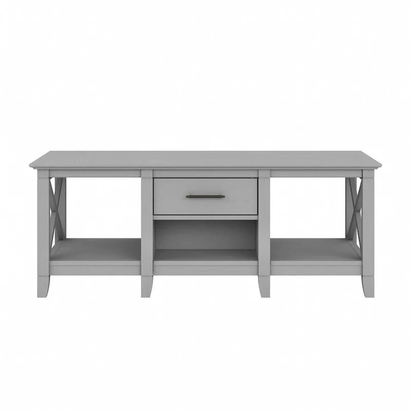 Table basse blanche de style ferme avec tiroir et rangement ouvert, table de salon avec cadre latéral en X