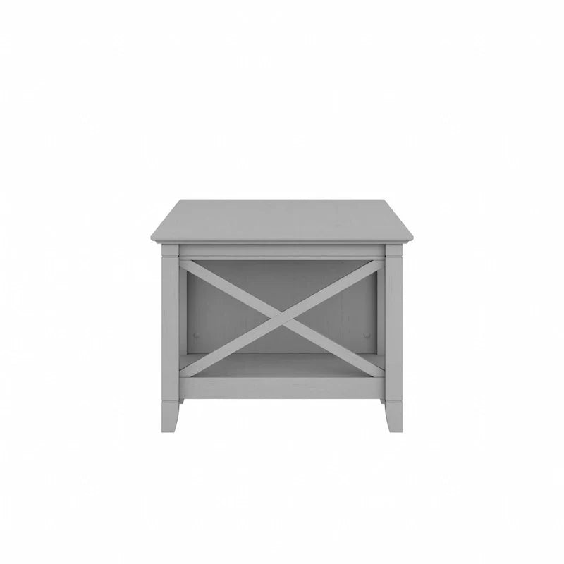 Table basse blanche de style ferme avec tiroir et rangement ouvert, table de salon avec cadre latéral en X