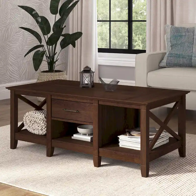 Mesa de centro blanca de estilo rústico con cajón y almacenamiento abierto, mesa para sala de estar con estructura lateral en forma de X