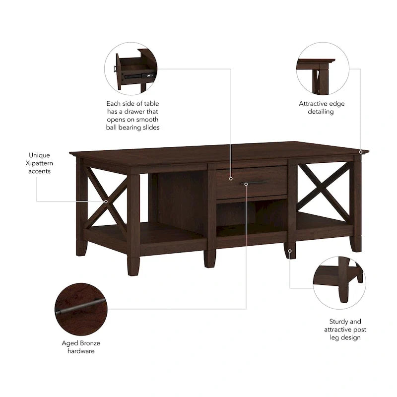 Table basse blanche de style ferme avec tiroir et rangement ouvert, table de salon avec cadre latéral en X