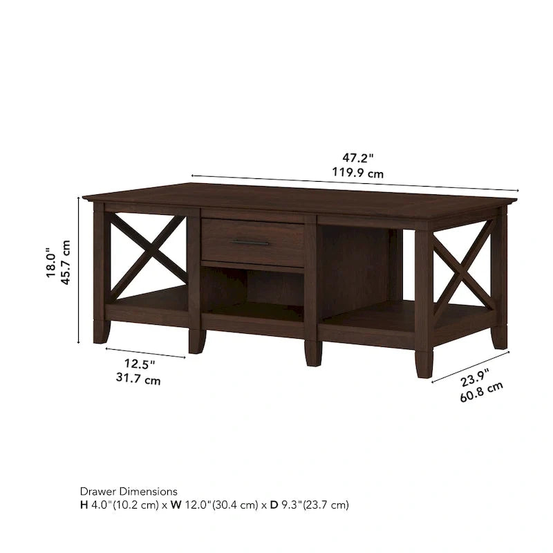 Table basse blanche de style ferme avec tiroir et rangement ouvert, table de salon avec cadre latéral en X