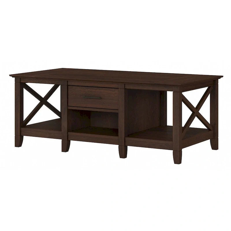Table basse blanche de style ferme avec tiroir et rangement ouvert, table de salon avec cadre latéral en X