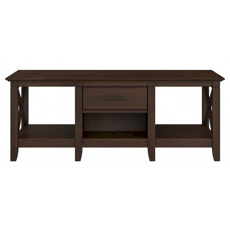 Table basse blanche de style ferme avec tiroir et rangement ouvert, table de salon avec cadre latéral en X