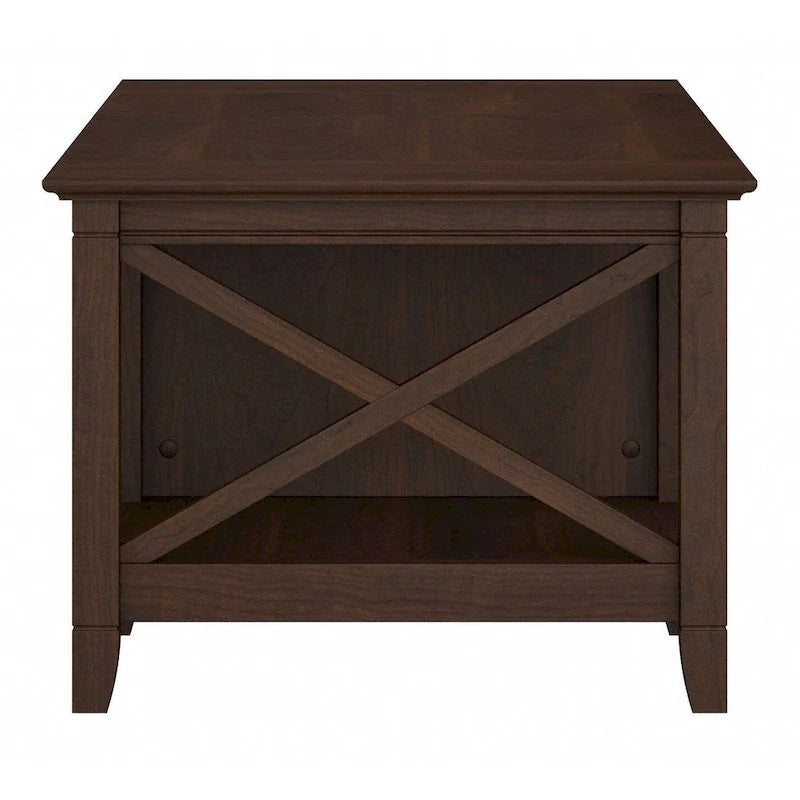 Table basse blanche de style ferme avec tiroir et rangement ouvert, table de salon avec cadre latéral en X