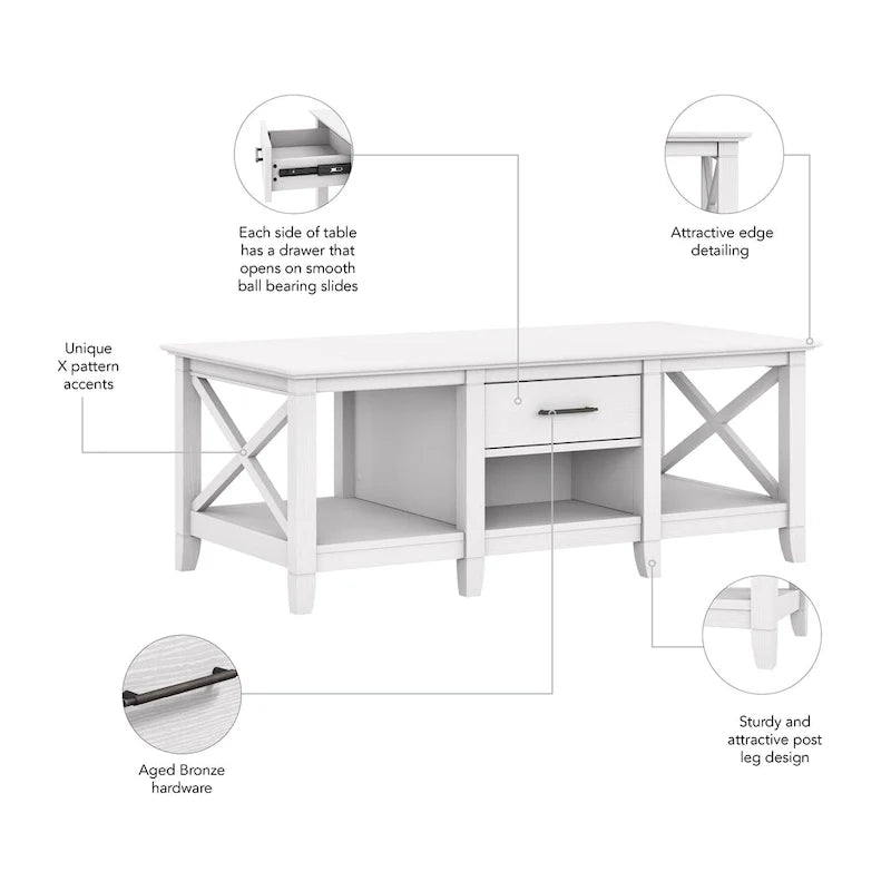 Table basse blanche de style ferme avec tiroir et rangement ouvert, table de salon avec cadre latéral en X
