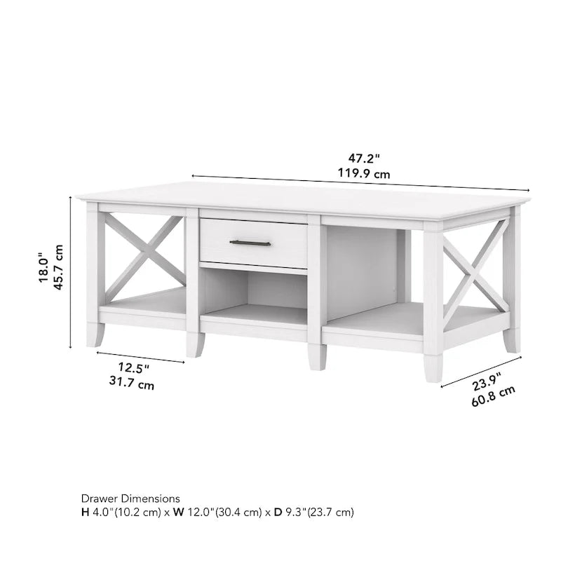 Table basse blanche de style ferme avec tiroir et rangement ouvert, table de salon avec cadre latéral en X