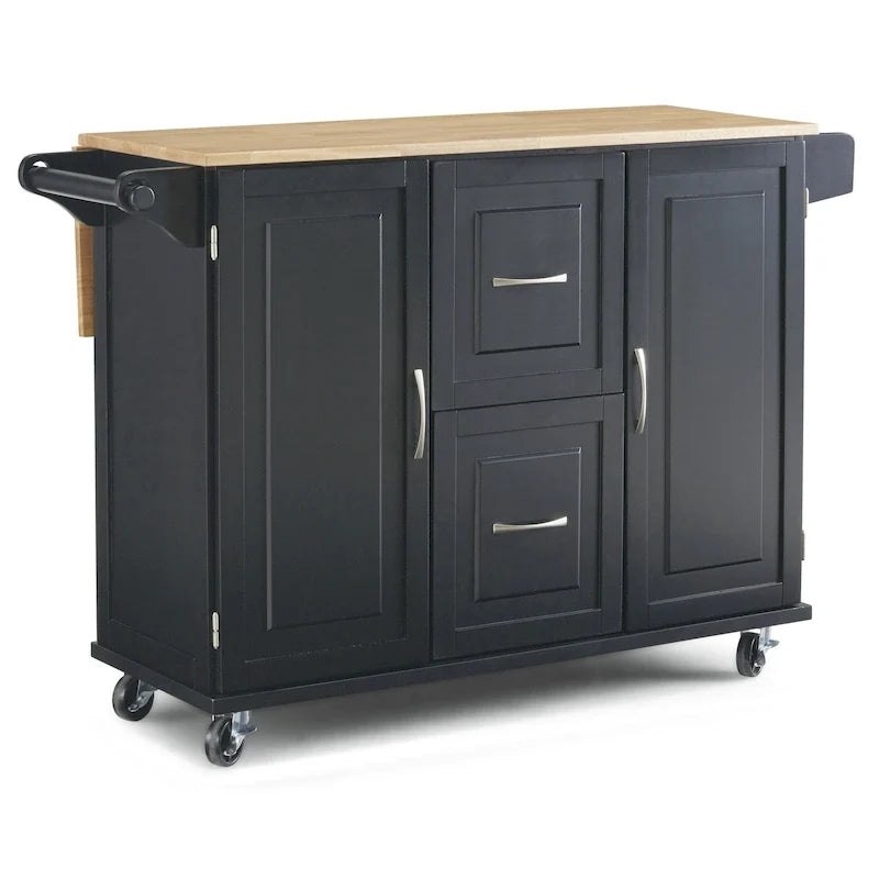 Carrito de isla de cocina negro con encimera de madera, armario de almacenamiento con ruedas y cajones para la cocina
