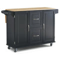 Carrito de isla de cocina negro con encimera de madera, armario de almacenamiento con ruedas y cajones para la cocina