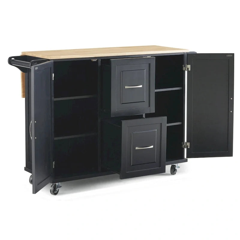 Carrito de isla de cocina negro con encimera de madera, armario de almacenamiento con ruedas y cajones para la cocina