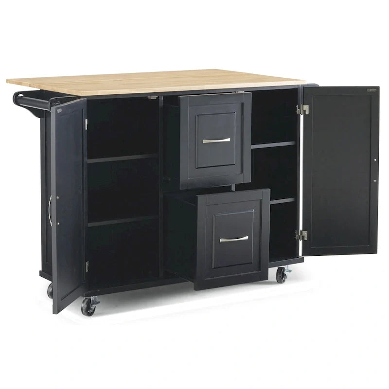 Carrito de isla de cocina negro con encimera de madera, armario de almacenamiento con ruedas y cajones para la cocina