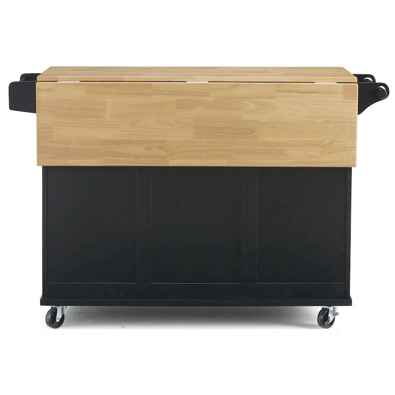 Carrito de isla de cocina negro con encimera de madera, armario de almacenamiento con ruedas y cajones para la cocina