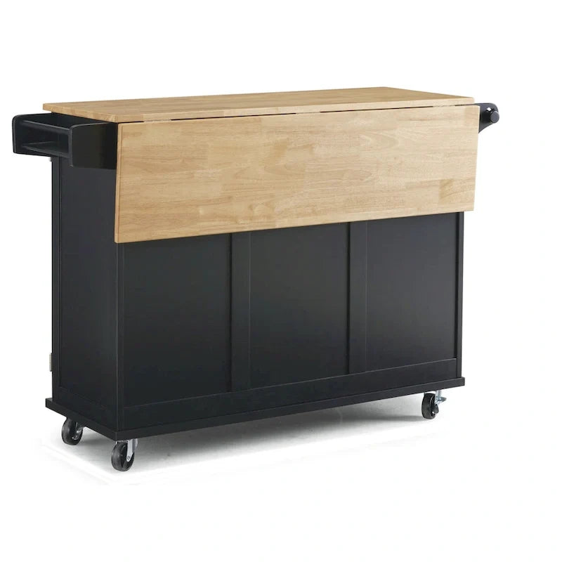 Carrito de isla de cocina negro con encimera de madera, armario de almacenamiento con ruedas y cajones para la cocina