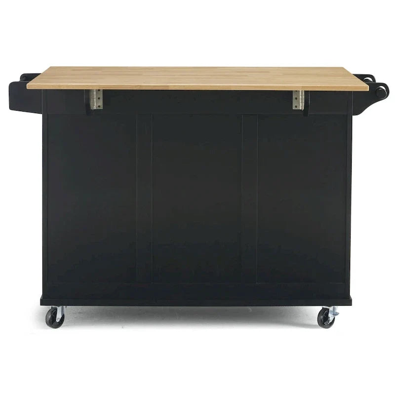 Carrito de isla de cocina negro con encimera de madera, armario de almacenamiento con ruedas y cajones para la cocina