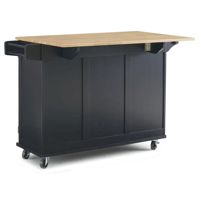 Carrito de isla de cocina negro con encimera de madera, armario de almacenamiento con ruedas y cajones para la cocina