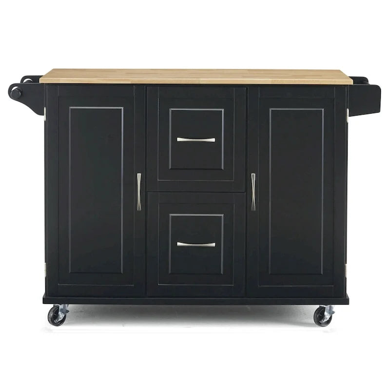 Carrito de isla de cocina negro con encimera de madera, armario de almacenamiento con ruedas y cajones para la cocina