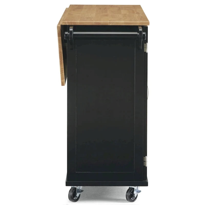 Carrito de isla de cocina negro con encimera de madera, armario de almacenamiento con ruedas y cajones para la cocina